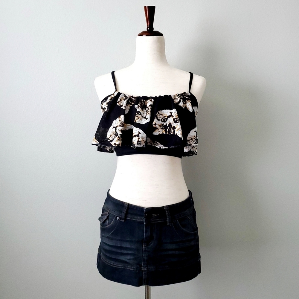 Esowell Cat Print Swim Top, Black & Brown, Size Medium - Picture 2 of 16